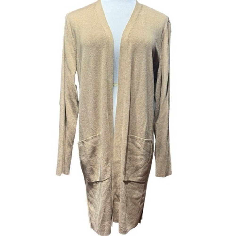 Chico's Cardigan Womens 2 Tan Cashmere Blend Open Front Longline Pocket Everyday